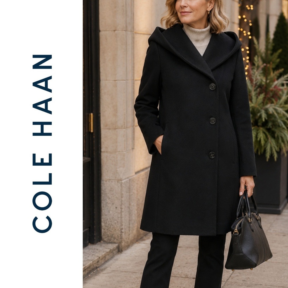 NWT, Cole Haan Signature, Black Hooded Wool Blend Coat 351SW122โ Womens Size 14